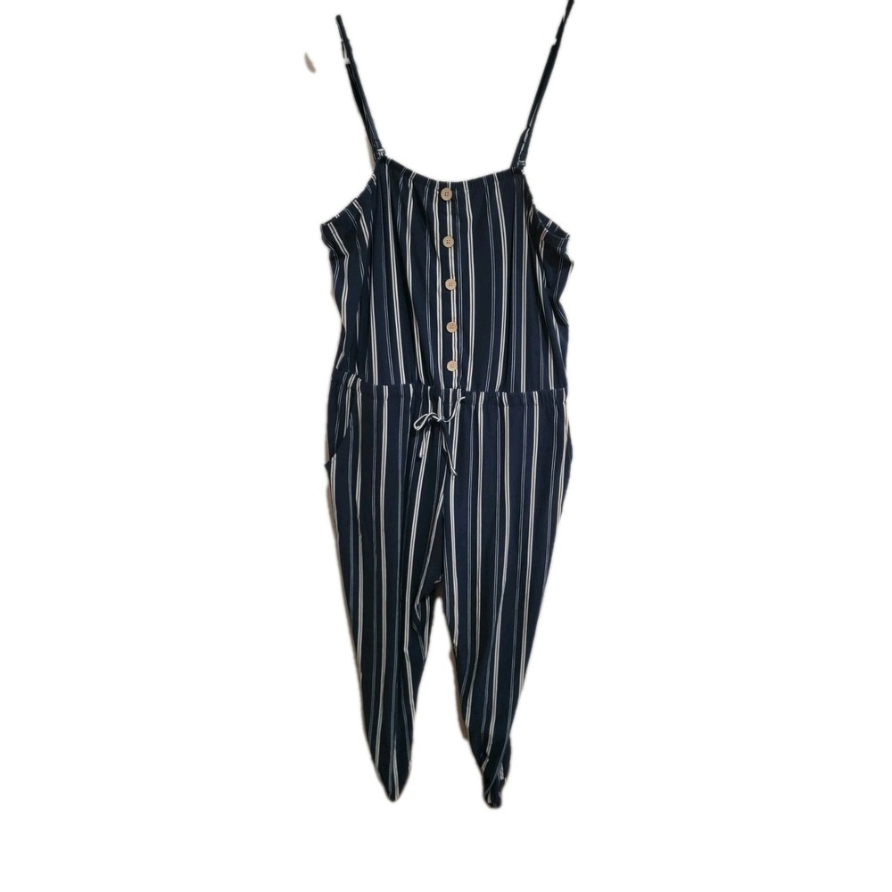 No Boundaries Navy Blue Striped Jumpsuit Women's 2X XXL Faux Button Romper